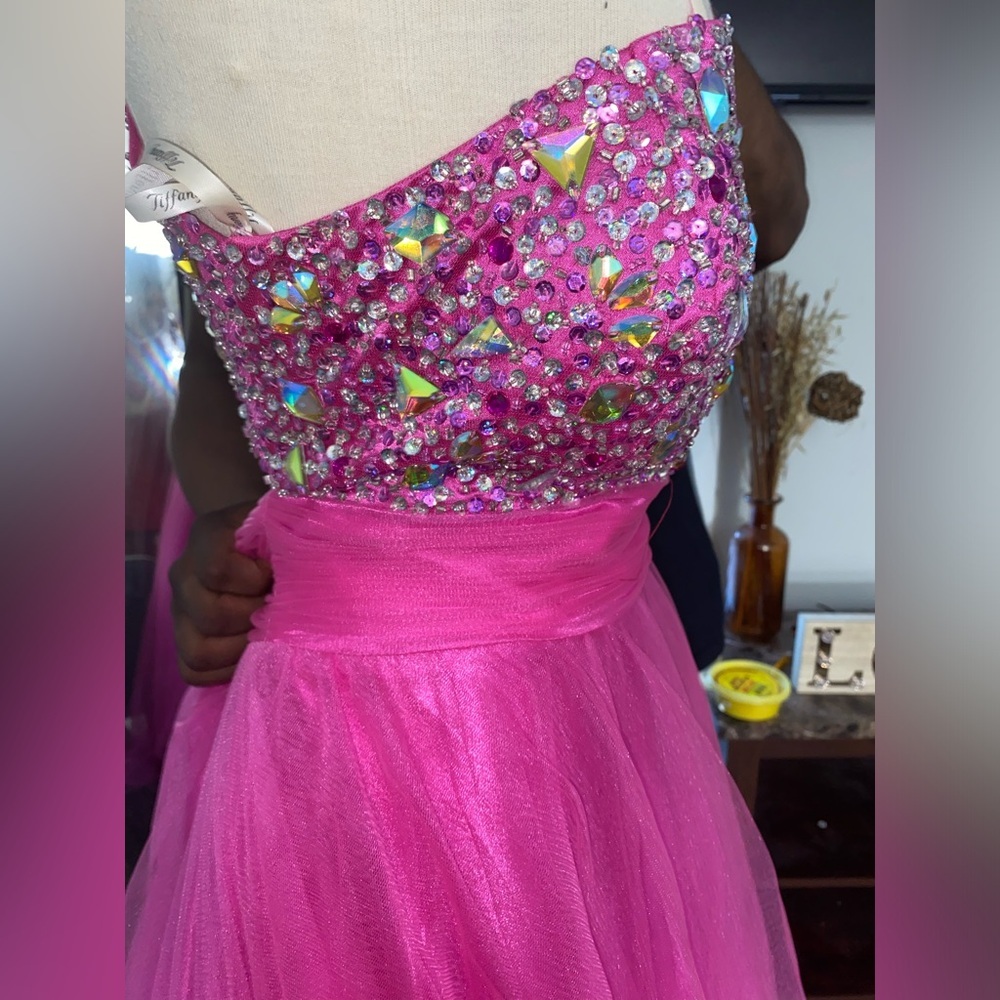 Tiffany Designs Size One Shoulder Sequined Hot Pink Ball Gown - Picture 4 of 6